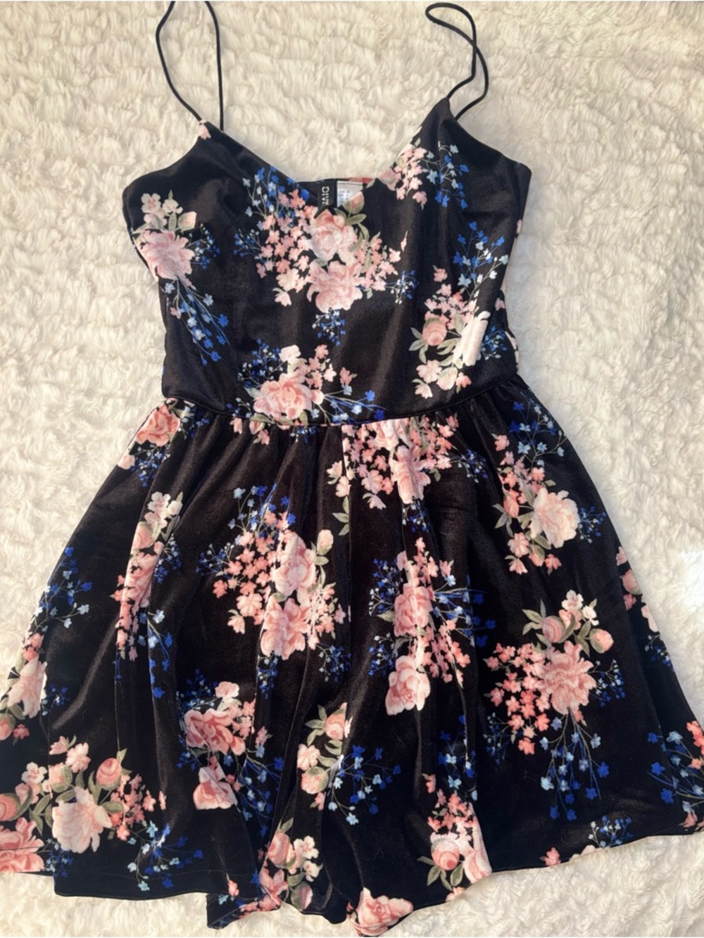 H&M Black Velvet Floral Cami Romper with Pink & Blue Flowers